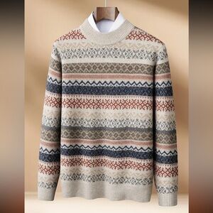 Fortei Men's 100% Wool Nordic Pattern Crewneck Sweater